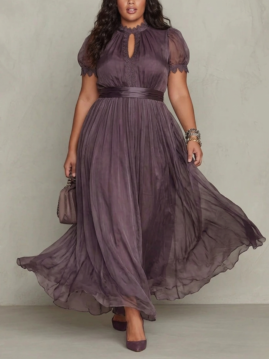 Mock Neck Short Sleeve Keyhole Lace Trim Pleated Maxi Dress 2