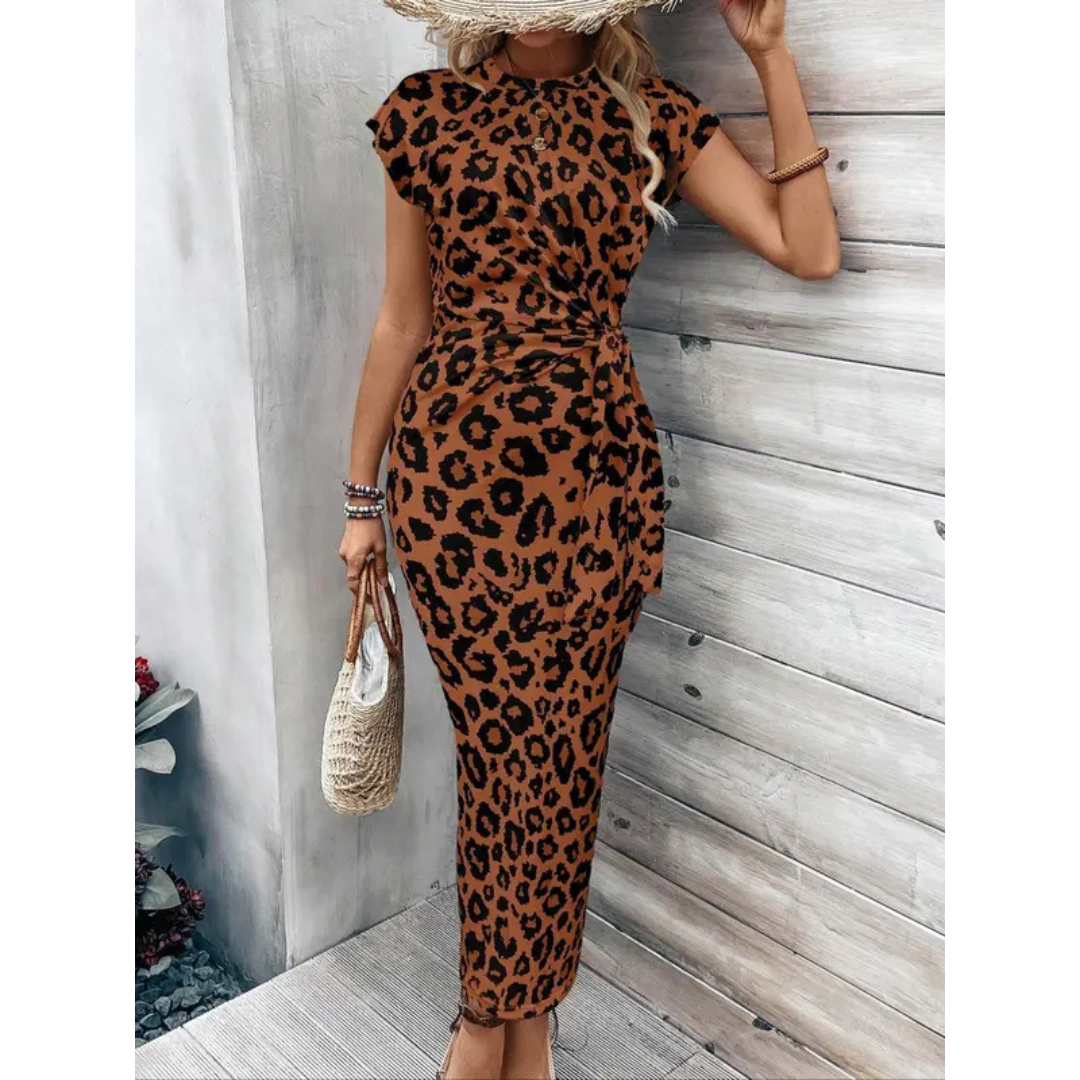 Leopard Print Cap Sleeve Tie Waist Bodycon Maxi Dress 4