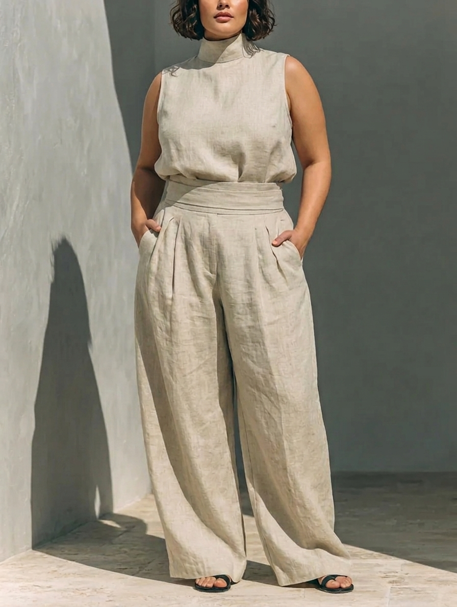 Sleeveless High Neck Top and Wide Leg Pants Two Piece Set 2