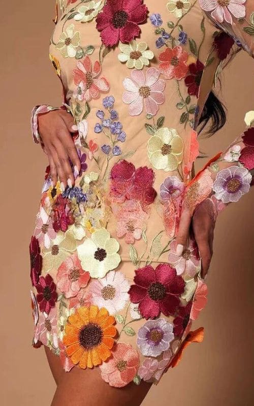 Mock Neck Long Sleeve Floral Embroidered Mesh Bodycon Mini Dress - View 9