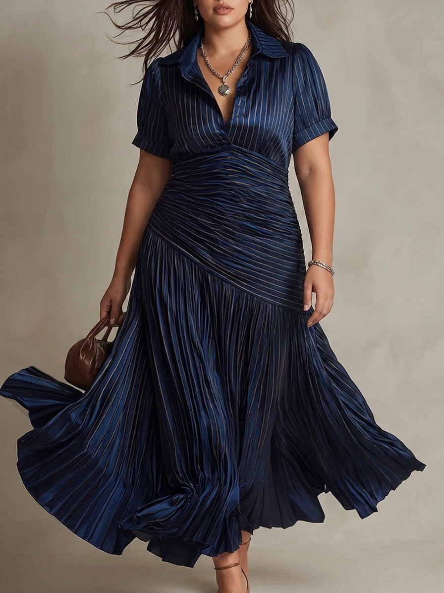 Striped Satin Collared Short Sleeve Ruched Pleated Fishtail Midi Dress 2