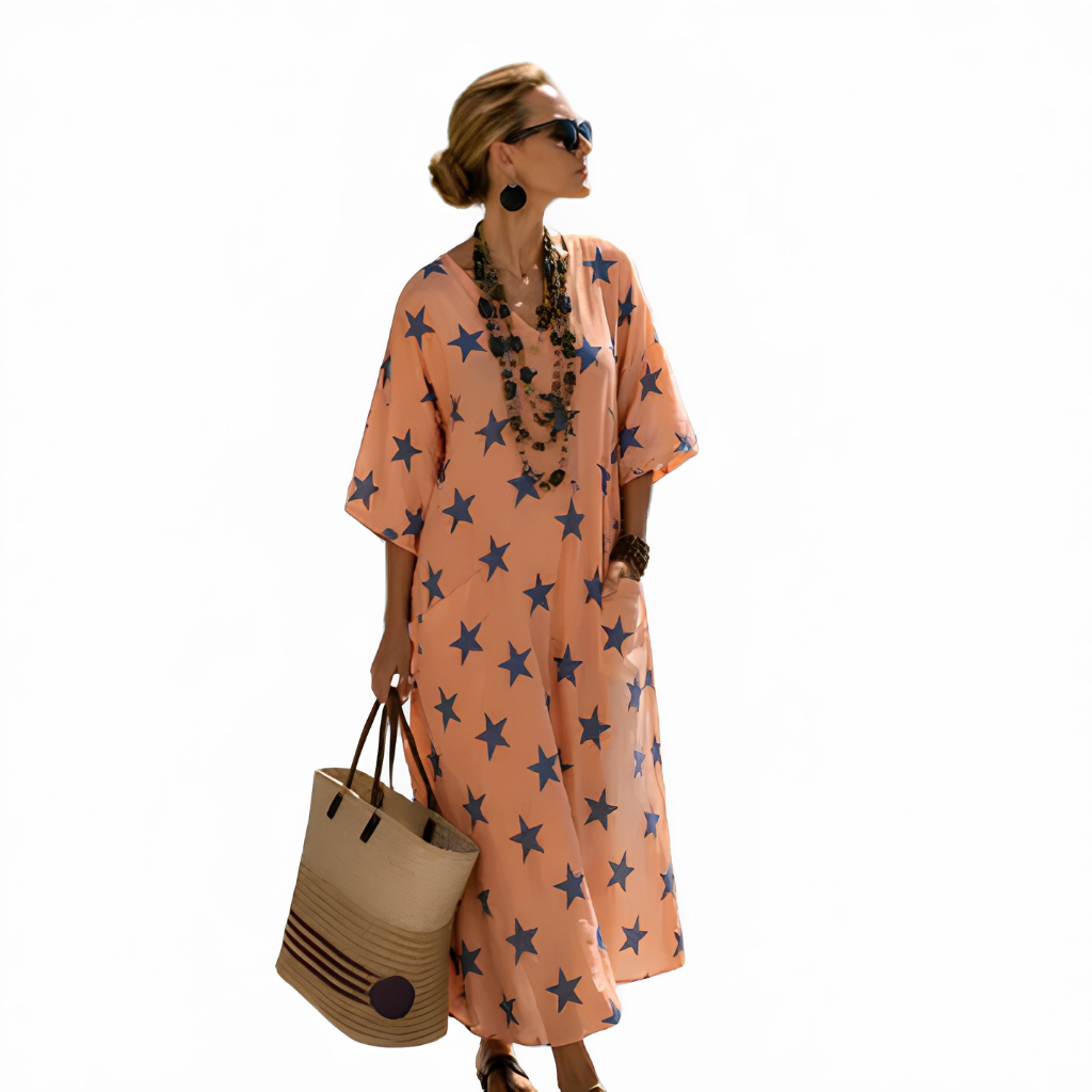 V-Neck Star Print Side Pocket Maxi Kaftan Dress