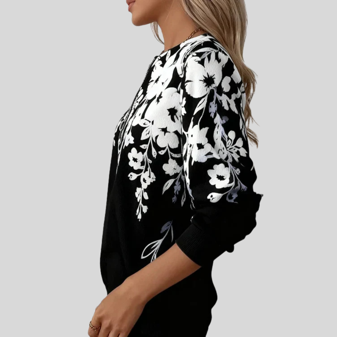 Quarter Zip Stand Neck Long Sleeve Floral Print Top 2