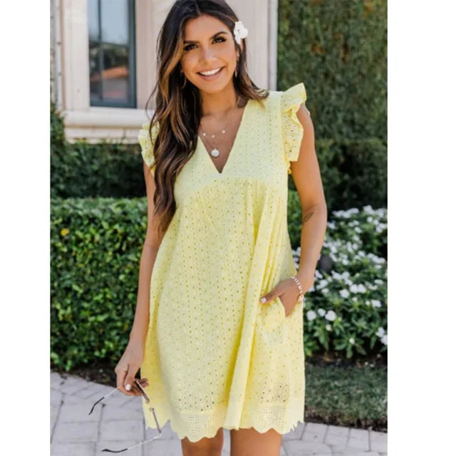Eyelet Deep V-Neck Flutter Sleeve Scalloped Hem Babydoll Mini Dress - View 8