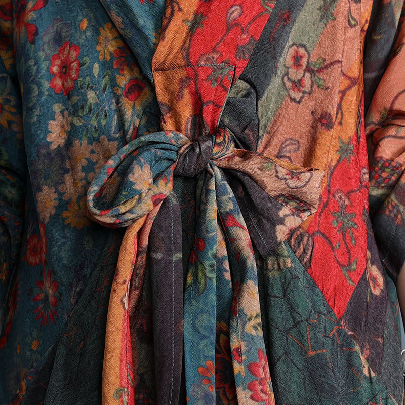 Floral Patchwork V-Neck Knotted Front Long Sleeve Maxi Dress - View 5