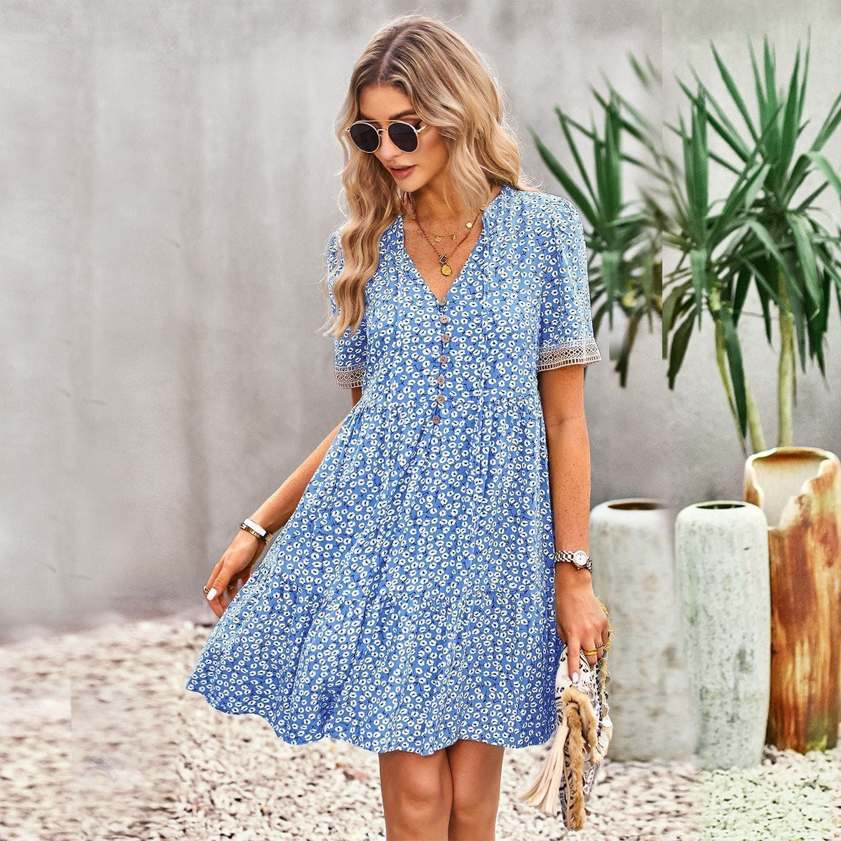 Lace Trim V-Neck Button Front Tiered Babydoll Mini Dress - View 4
