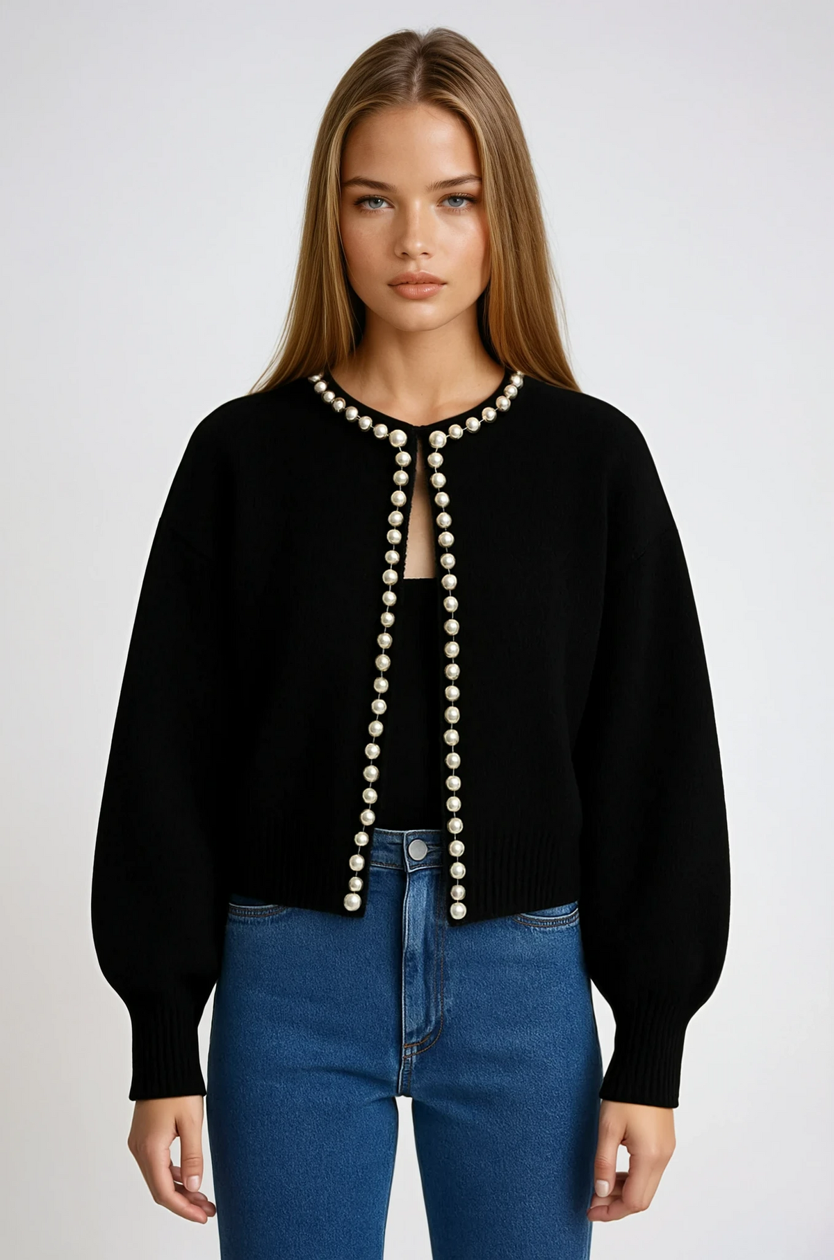 Faux Pearl Trim Round Neck Balloon Sleeve Knit Cardigan