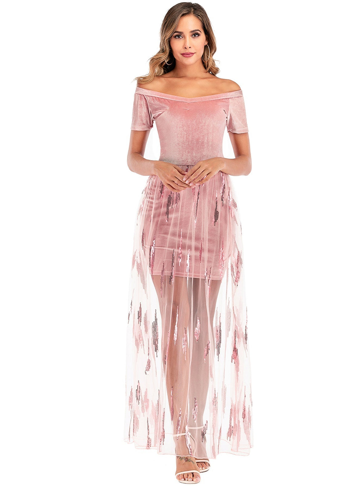 Velvet Off Shoulder Short Sleeve Sequin Sheer Mesh Maxi Party Dress - View 4
