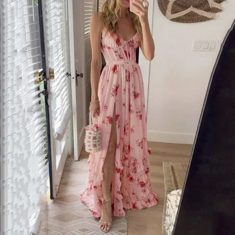 Floral Print Sweetheart Corset Bodice High Split Maxi Dress - View 2