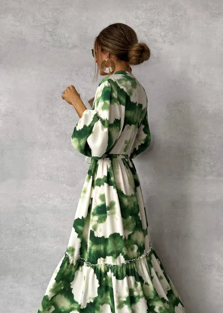 Tie Dye Print Mandarin Collar V-Neck Bishop Sleeve Maxi Dress - View 2