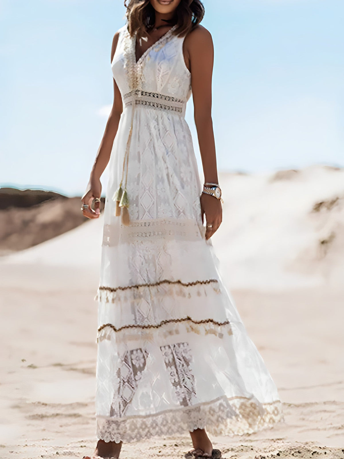 Lace Embroidered Deep V-Neck Tassel Crochet Panel Maxi Dress - View 5