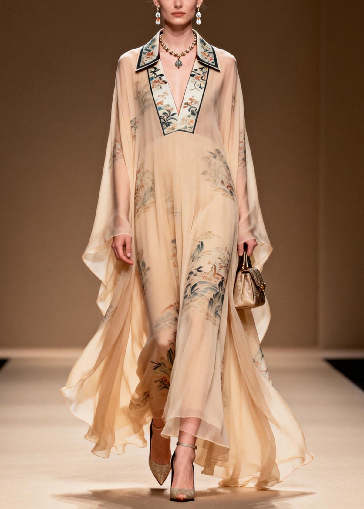 Vintage Apricot V Neck Print Chiffon Maxi Dress Summer - View 5