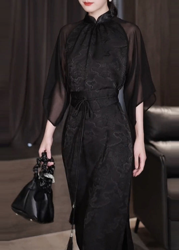 Jacquard Mandarin Collar Sheer Cape Sleeve Tie Waist Maxi Dress