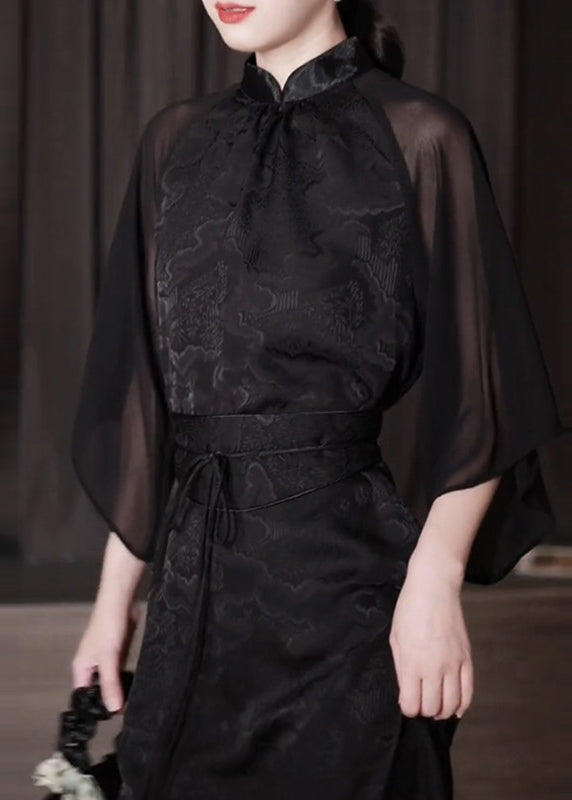 Jacquard Mandarin Collar Sheer Cape Sleeve Tie Waist Maxi Dress - View 3