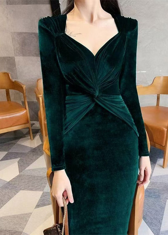 Velvet Deep V-Neck Long Sleeve Twist Front Ruched Bodycon Midi Dress