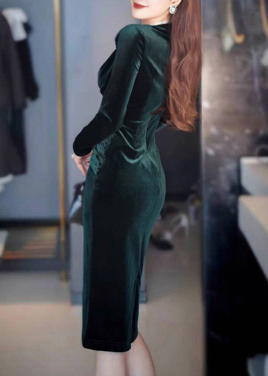Velvet Deep V-Neck Long Sleeve Twist Front Ruched Bodycon Midi Dress - View 5