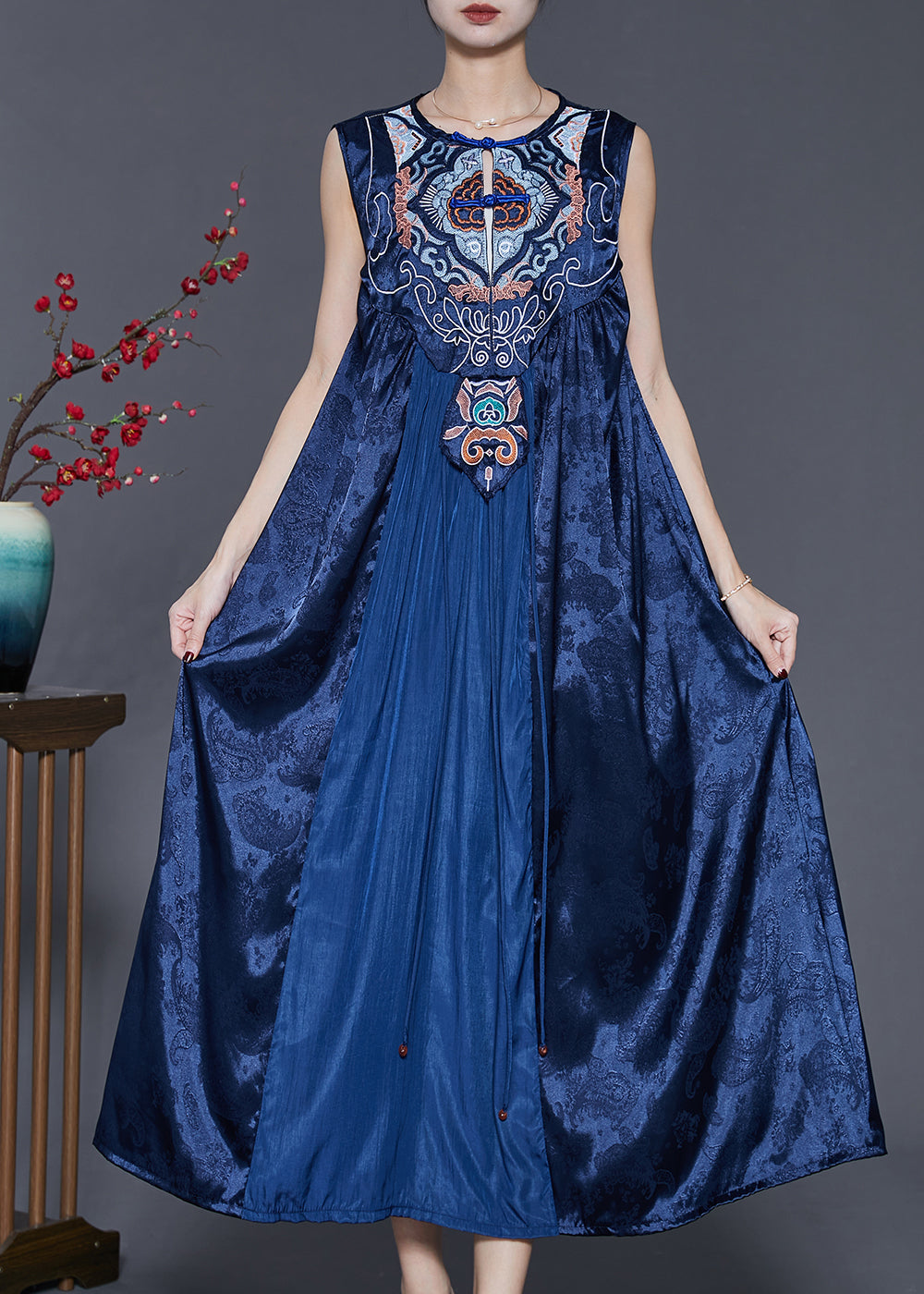 Embroidered Jacquard Frog Button Round Neck A-Line Maxi Dress