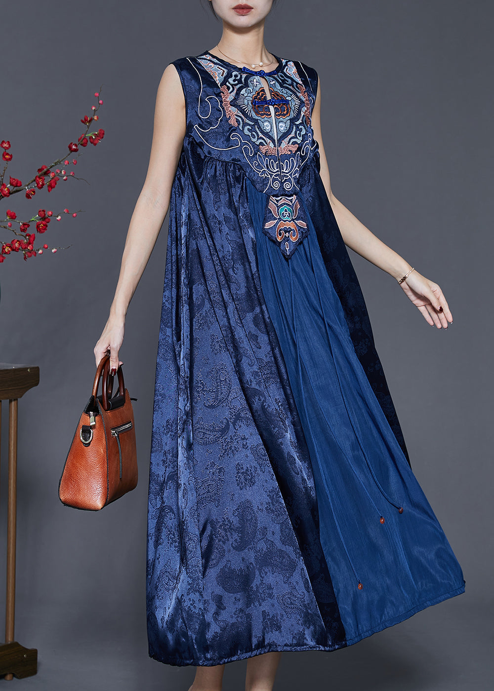 Embroidered Jacquard Frog Button Round Neck A-Line Maxi Dress - View 2