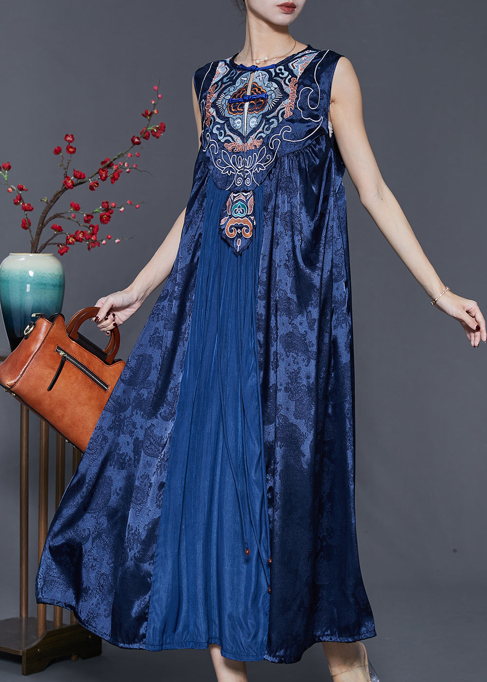 Embroidered Jacquard Frog Button Round Neck A-Line Maxi Dress - View 3