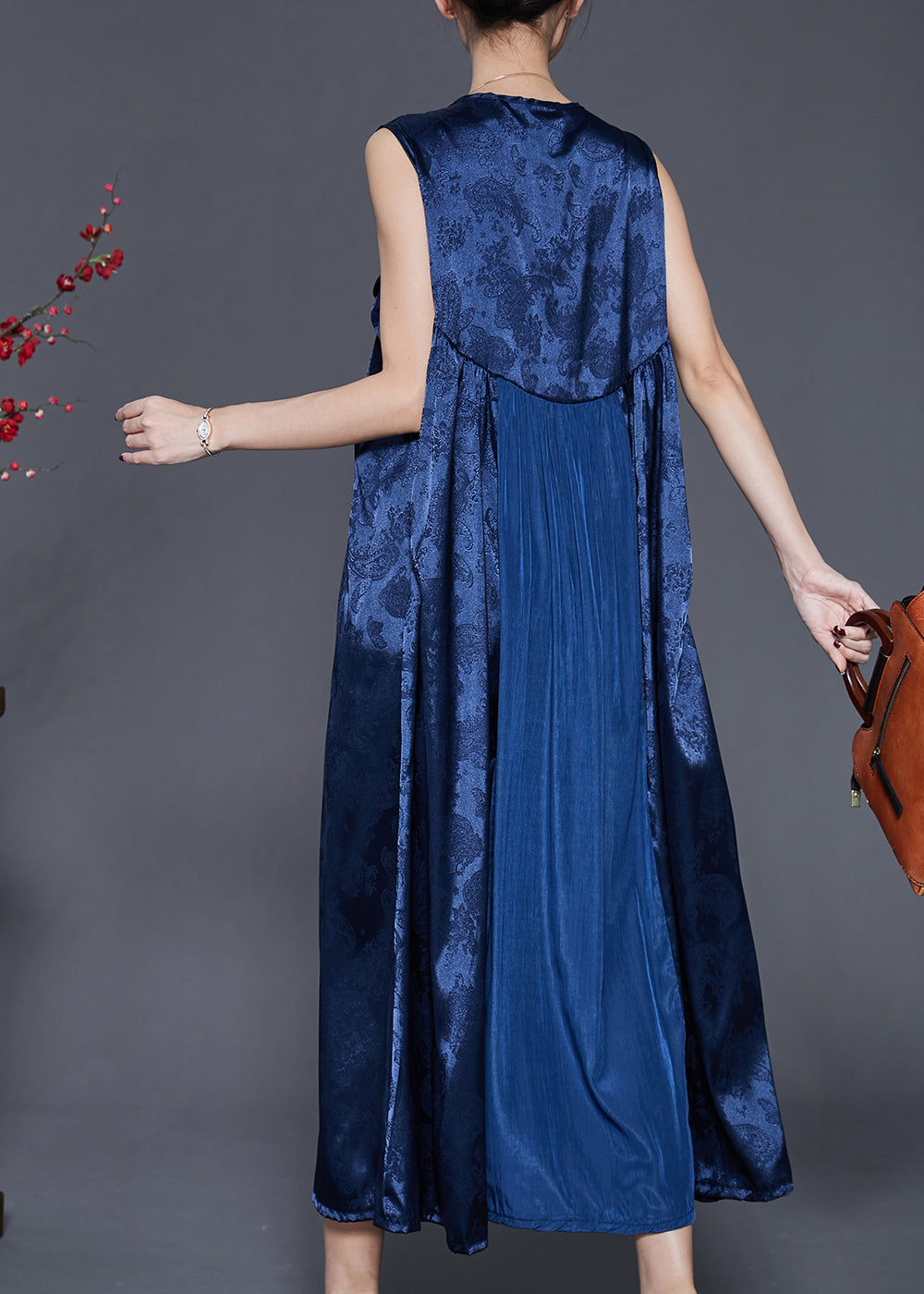 Embroidered Jacquard Frog Button Round Neck A-Line Maxi Dress - View 4