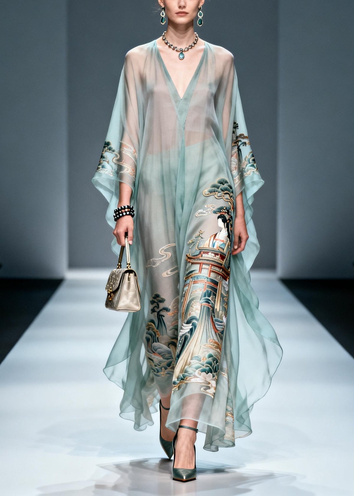 Chiffon Deep V-Neck Kaftan Sleeve Sheer Wide Leg Maxi Jumpsuit - View 5