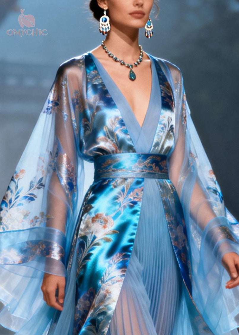 Deep V-Neck Floral Bell Sleeve Belted Pleated Chiffon Maxi Gown - View 2