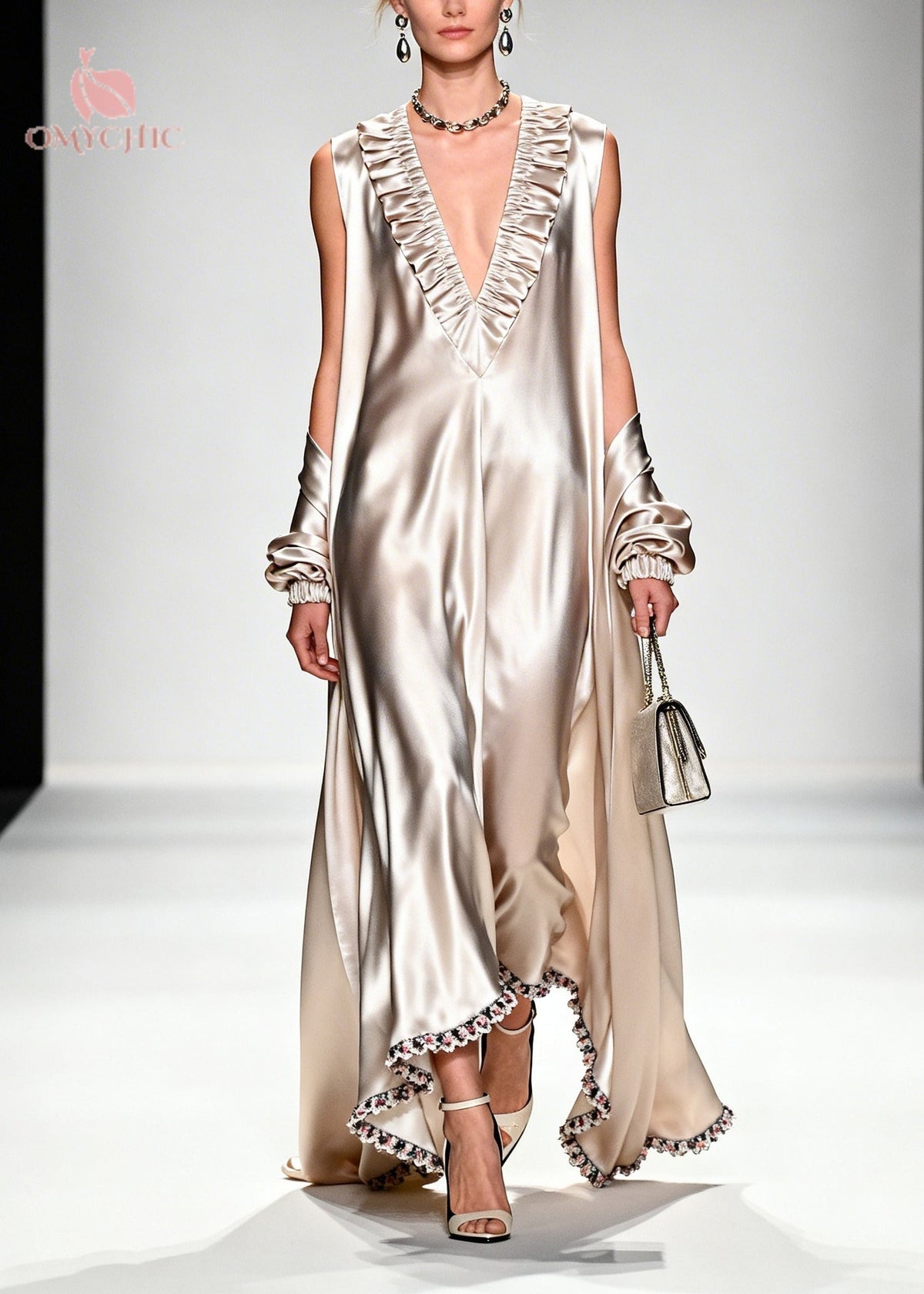 Satin Deep V-Neck Ruffle Long Sleeve Kaftan Maxi Dress - View 5