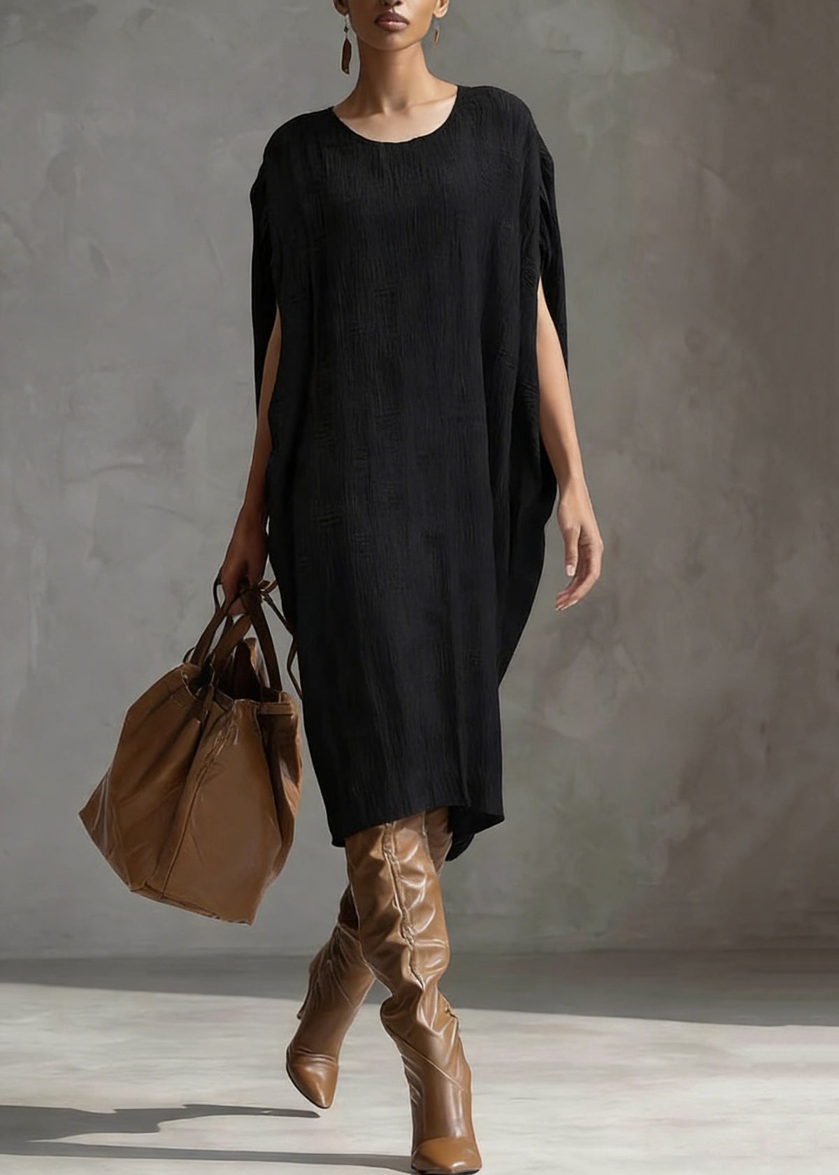 Textured Knit Scoop Neck Batwing Sleeve Oversized Cocoon Midi Dress - View 2