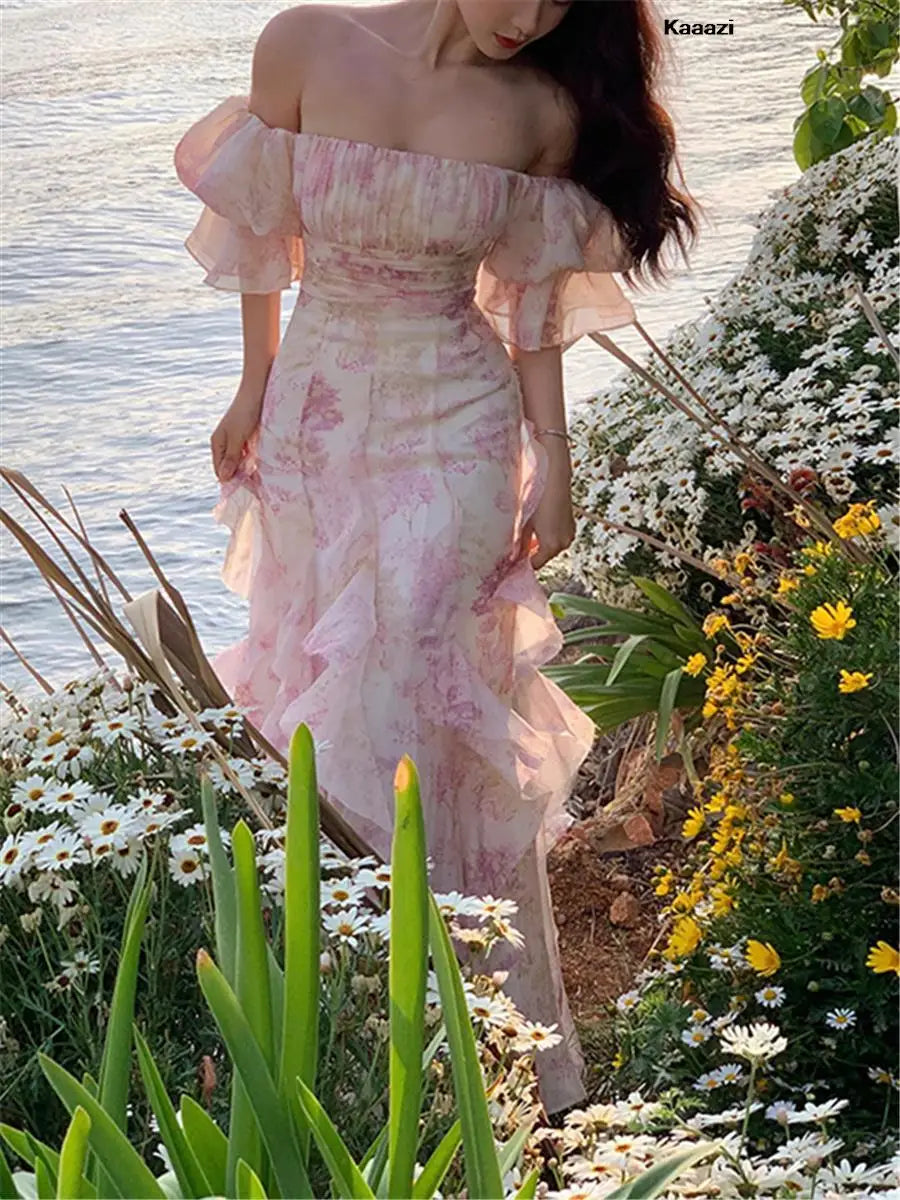 Floral Off Shoulder Ruffle Sleeve Tiered Chiffon Maxi Dress - View 4