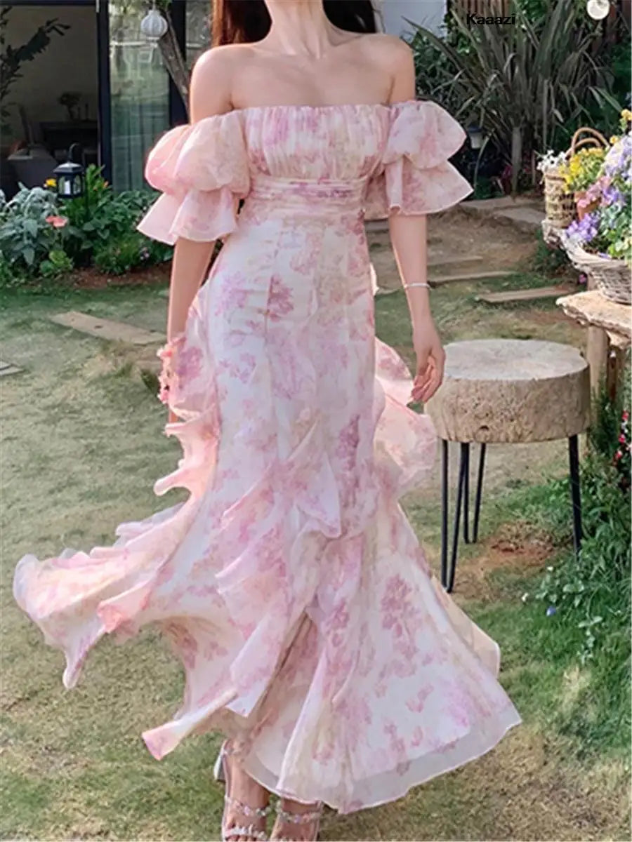 Floral Off Shoulder Ruffle Sleeve Tiered Chiffon Maxi Dress - View 2