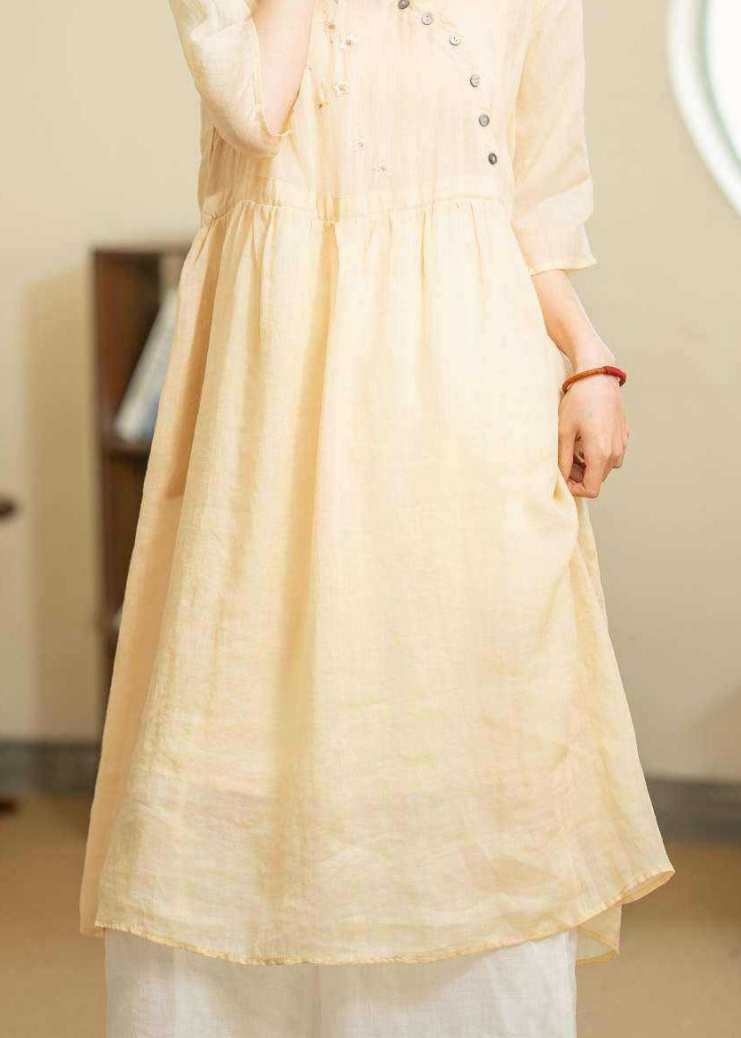Embroidered Floral Asymmetrical Button Three Quarter Midi Dress - View 4