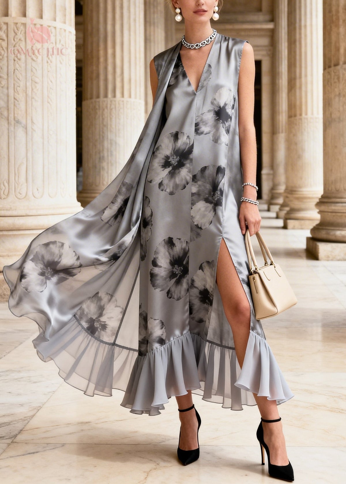 Monochrome Floral Deep V-Neck Sleeveless Shoulder Maxi Dress - View 5