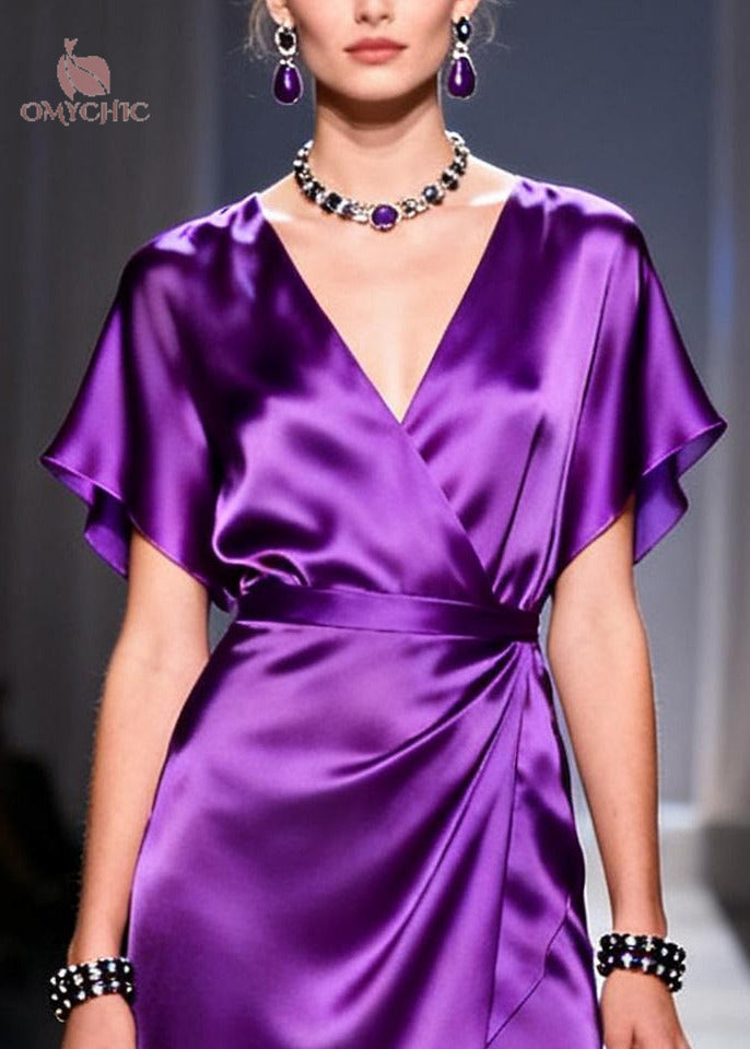 Satin Wrap Deep V-Neck Flutter Sleeve High Low Ruffle Hem Midi Dress - View 2