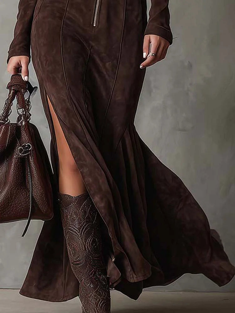 Suede Look Zip Front Belted High Split Maxi Dress 3