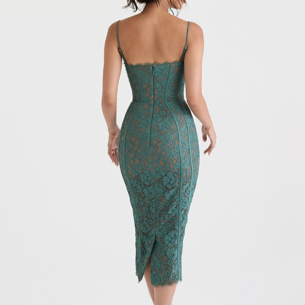 Lace Bustier Spaghetti Strap Bodycon Midi Dress 3