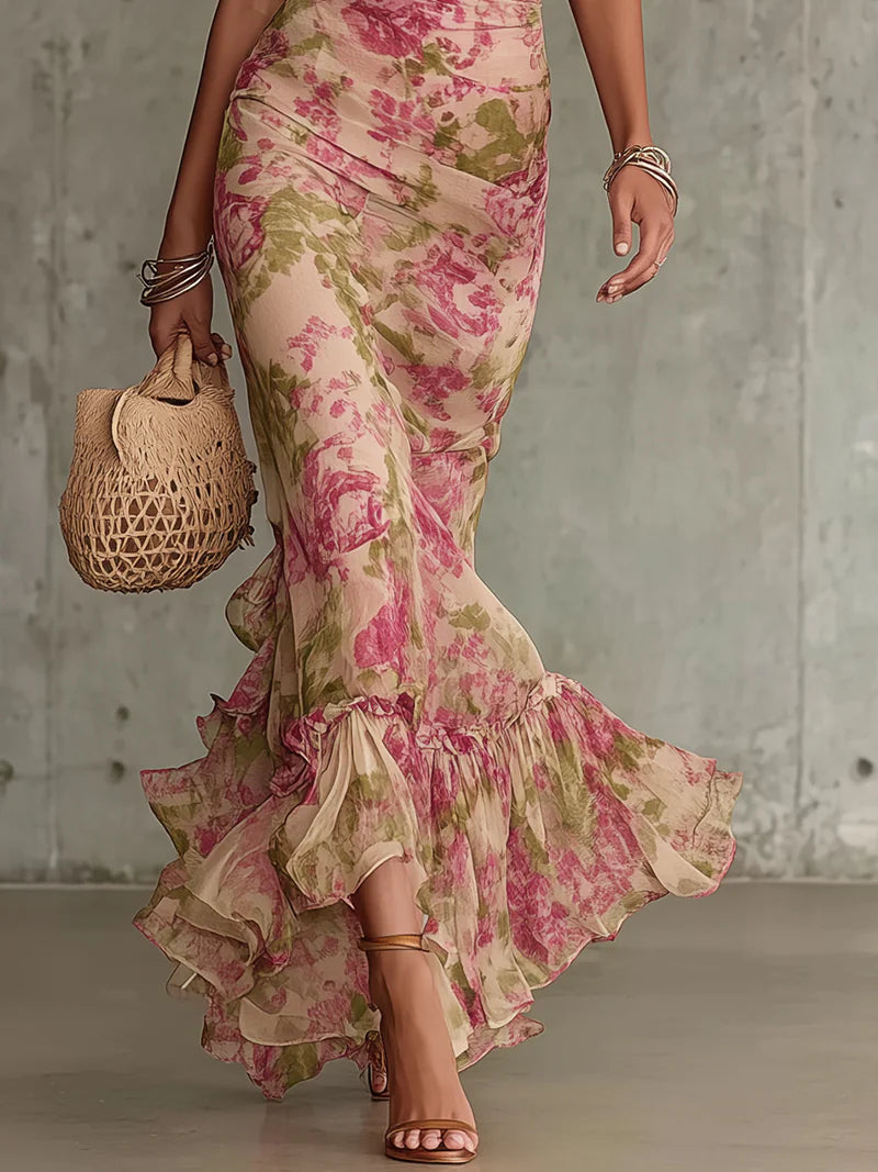 Floral Print High Neck Puff Sleeve Ruffle Hem Mermaid Maxi Dress 3