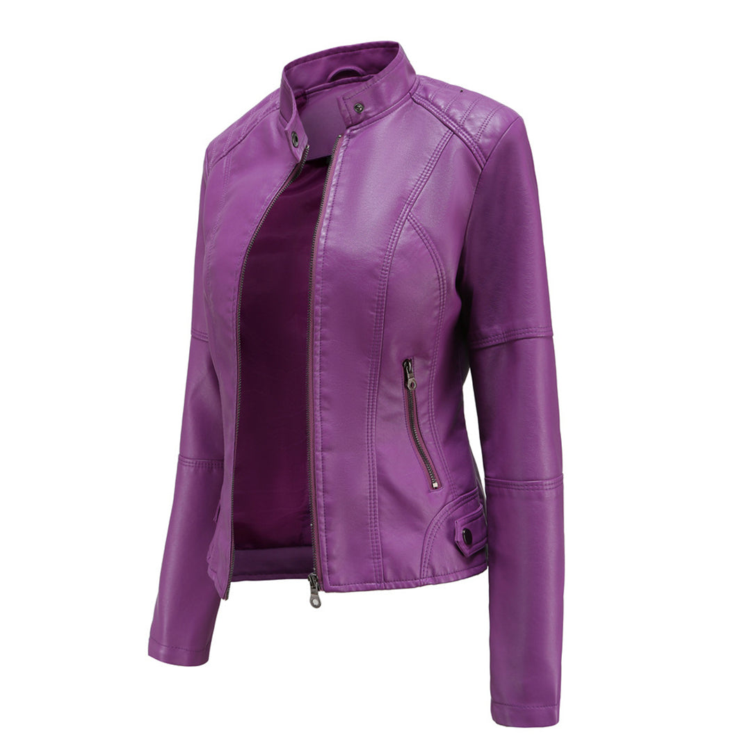 Stand Collar Zip Front Faux Leather Moto Jacket 10