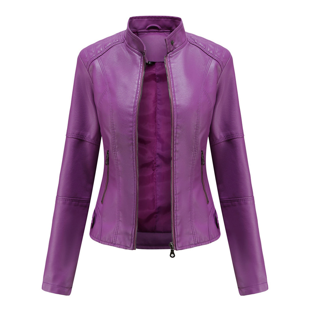 Stand Collar Zip Front Faux Leather Moto Jacket 6