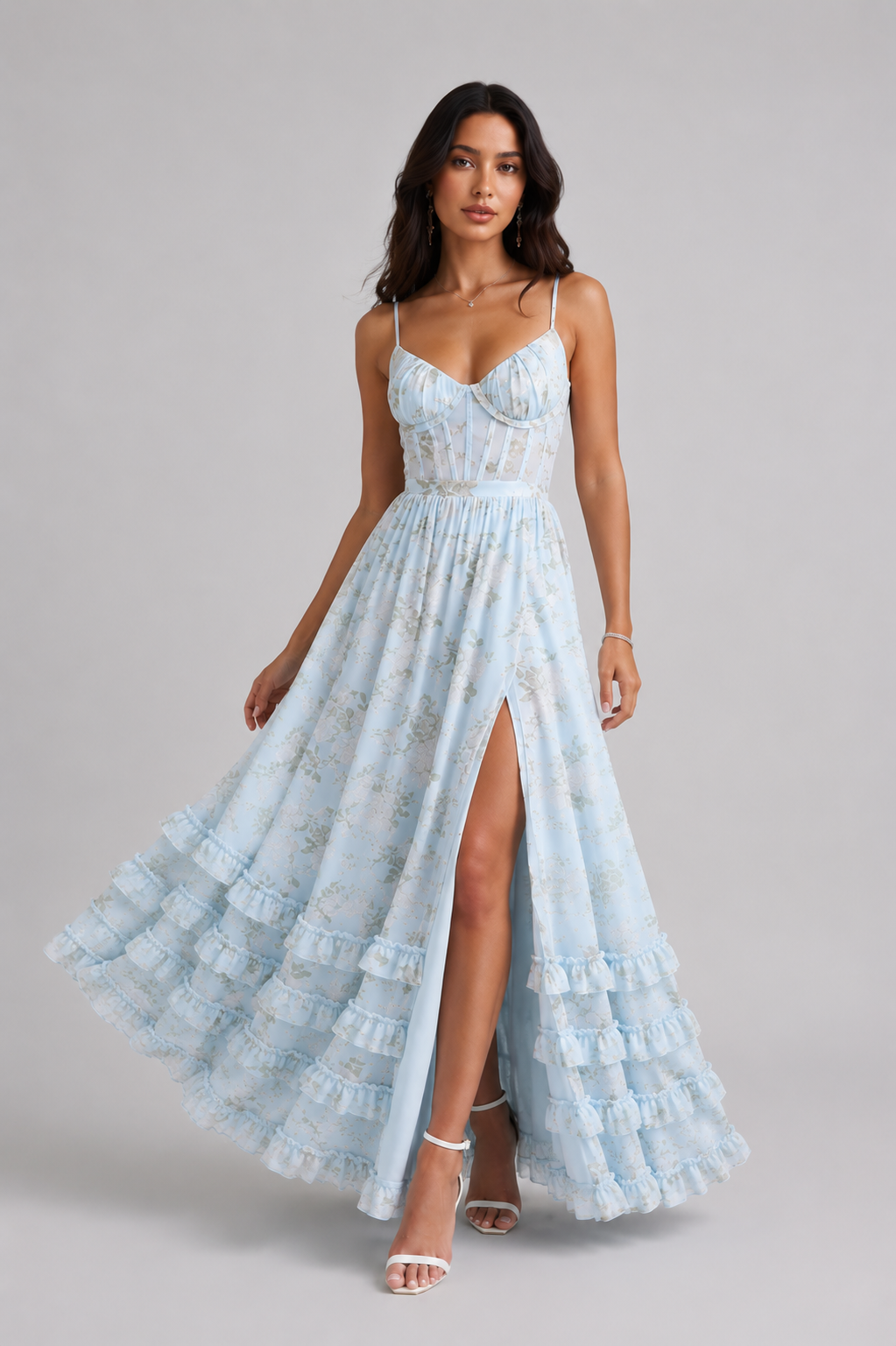 Floral Print Corset Bodice High Split Ruffle Hem Maxi Dress 4