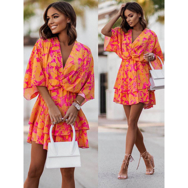 Floral Print V-Neck Kimono Sleeve Twist Front Tiered Mini Dress 2