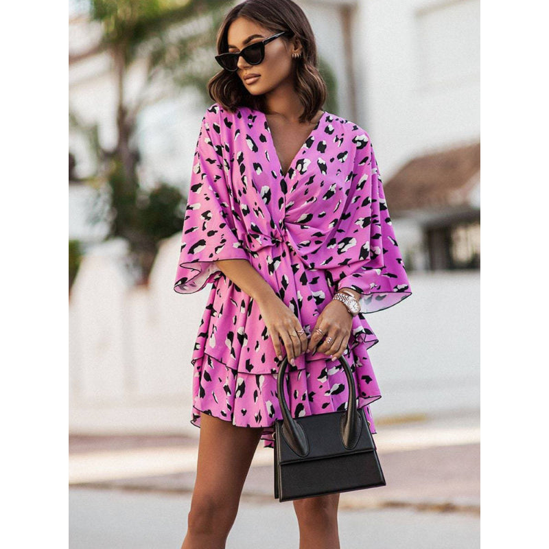 Floral Print V-Neck Kimono Sleeve Twist Front Tiered Mini Dress 4