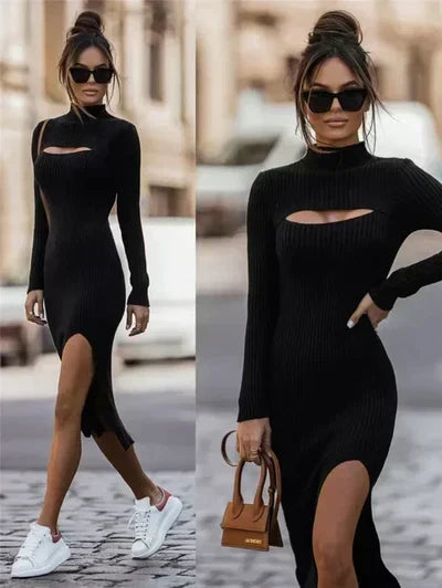 Knit Mock Neck Long Sleeve Cut Out High Split Bodycon Midi Dress - View 2