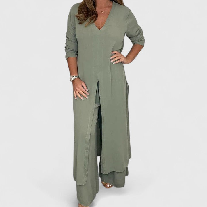 Longline V-Neck Duster and Wide Leg Pants Two Piece Set 7