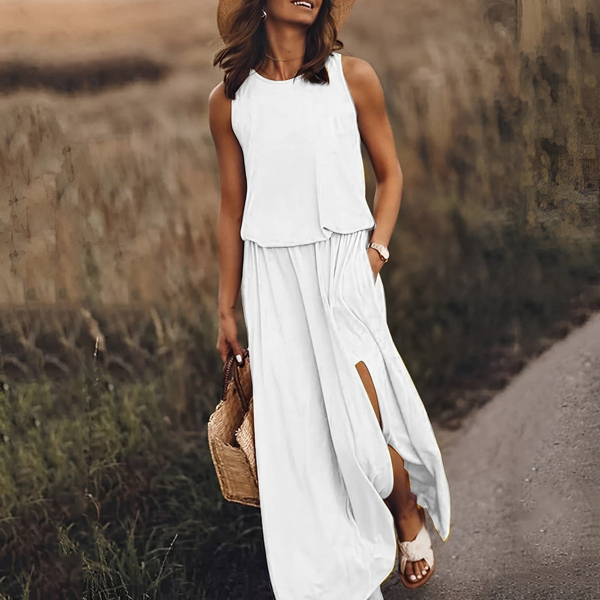 Satin Crew Neck Sleeveless High Split Maxi Summer Dress - View 9