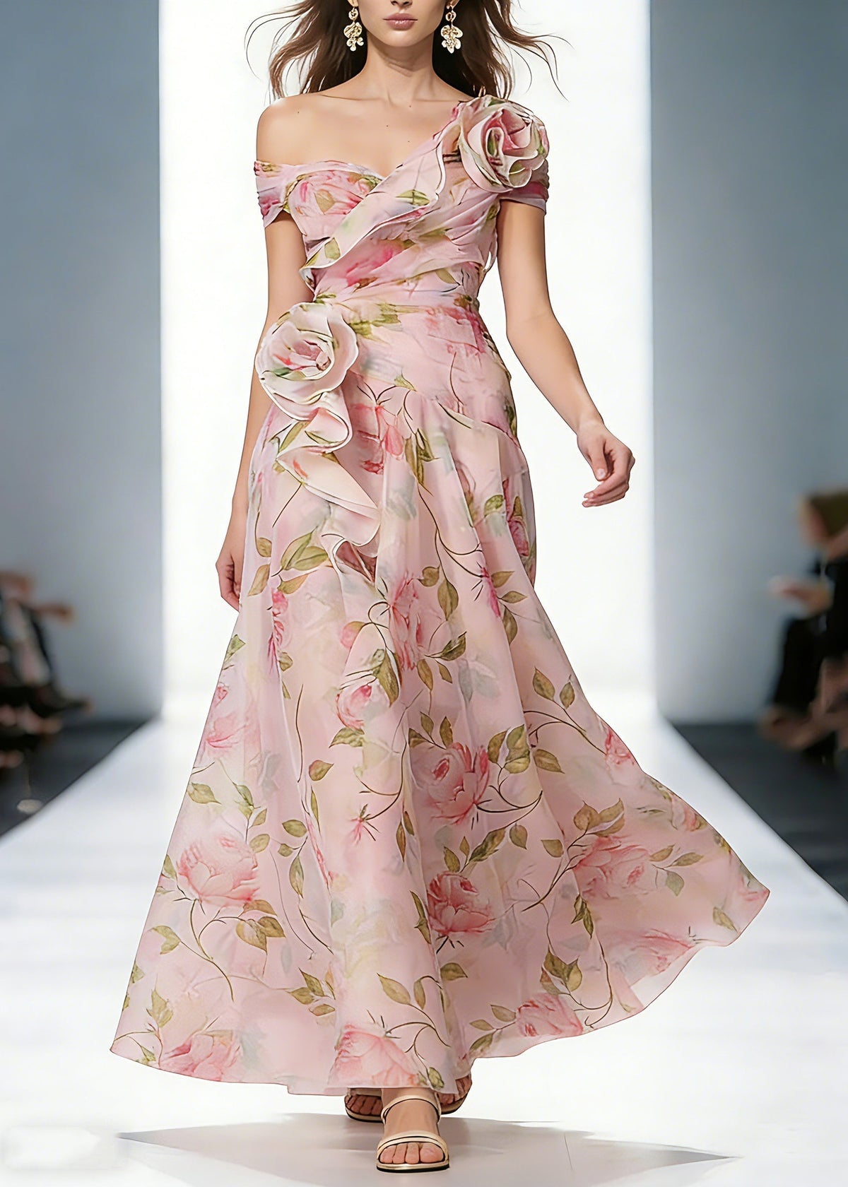 Floral Print Off Shoulder Rosette Cascading Ruffle Organza Maxi Gown - View 3