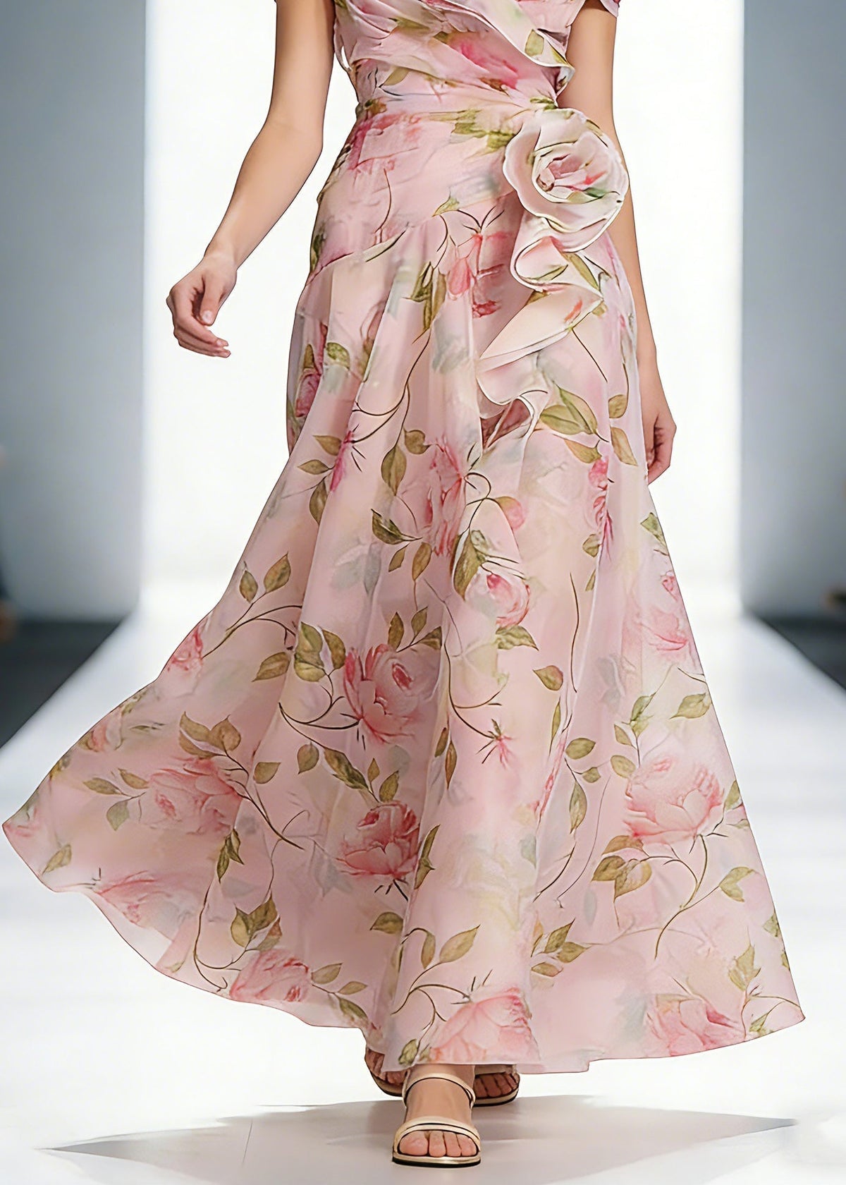 Floral Print Off Shoulder Rosette Cascading Ruffle Organza Maxi Gown - View 4