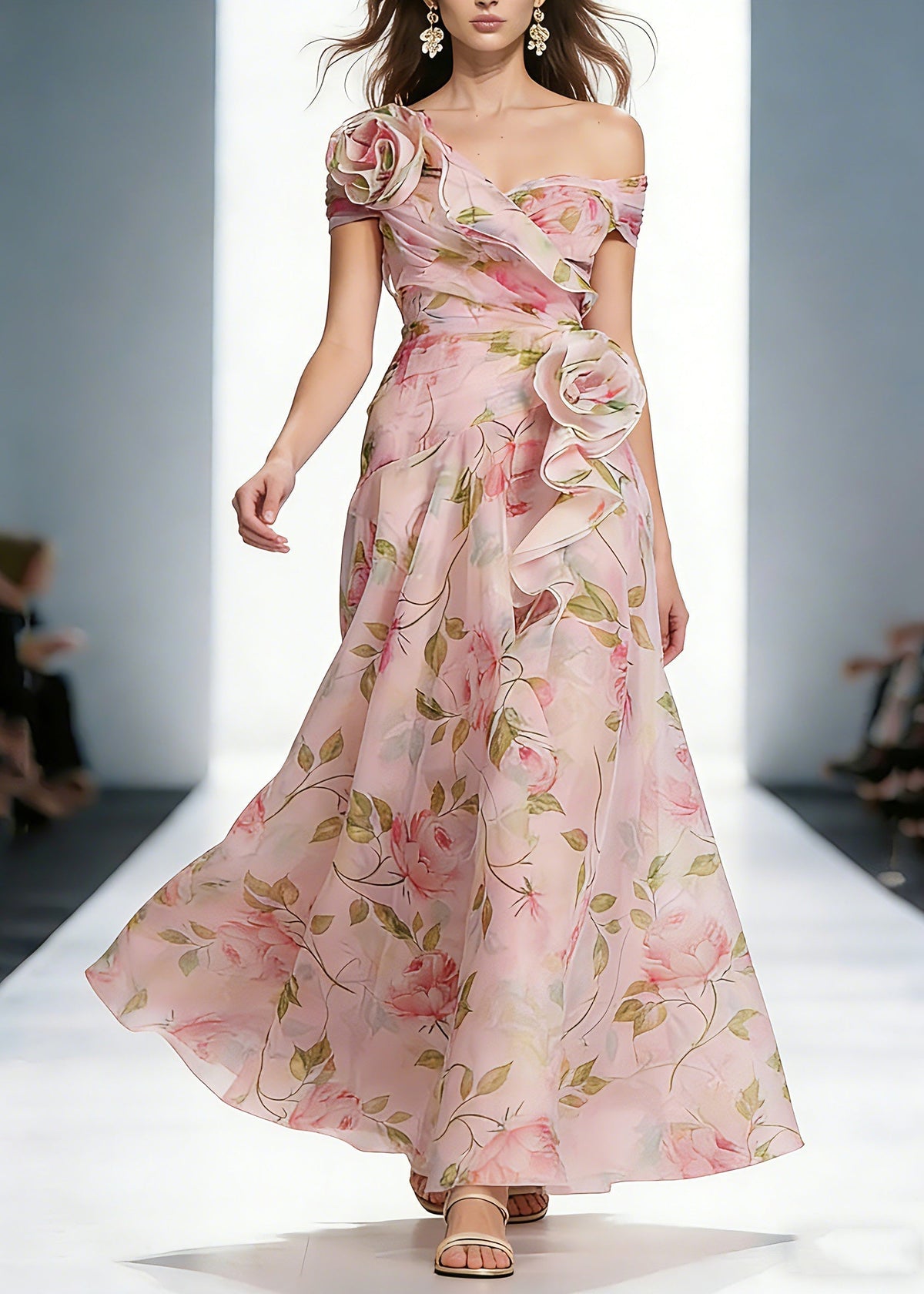 Floral Print Off Shoulder Rosette Cascading Ruffle Organza Maxi Gown - View 5