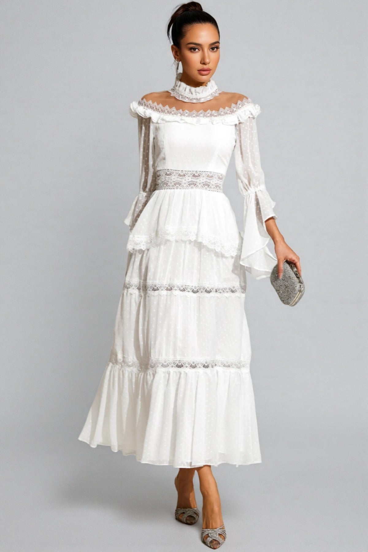 Zevon White Lace Long Sleeve Maxi Dress - View 2