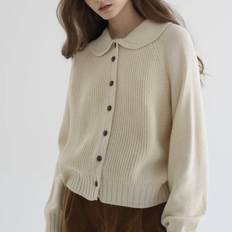 Peter Pan Collar Button Front Ribbed Knit Cardigan