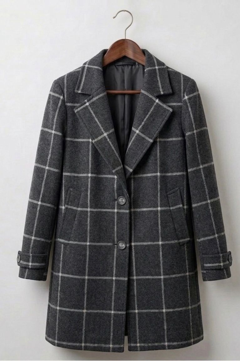 Windowpane Check Notch Lapel Single Breasted Tweed Coat 5